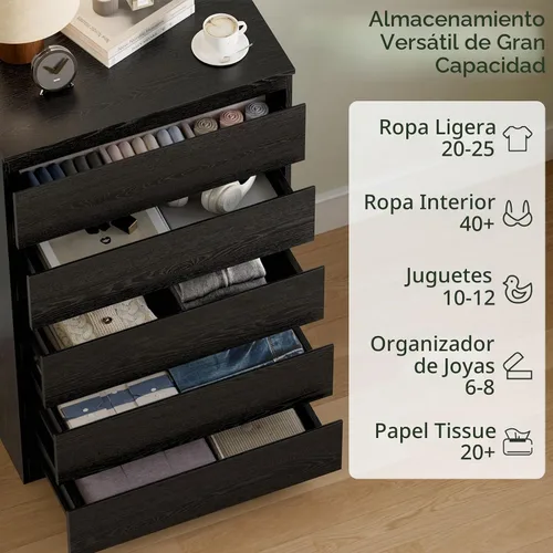 Vista 4 de Cómoda de madera negra para dormitorio, 5 cajones para almacenamiento de ropa, cómoda moderna con cajones anchos, cómoda de madera amplia para sala