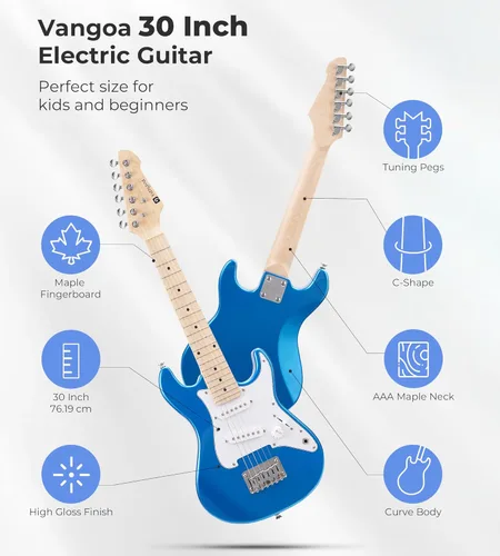 Vista 3 de Guitarra eléctrica para niños Vangoa de 30 pulgadas, kit para principiantes para jóvenes músicos con amplificador, bolsa, correa, cuerdas Azul