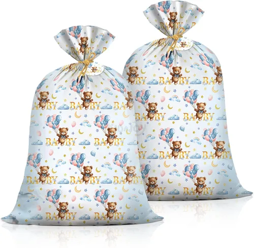 Vista 10 de KIDAJOY Bolsas de regalo extra grandes de oso de peluche, baby shower, Jumbo We Can Bearly Wait, bolsa de regalo de plástico para niñas y niños