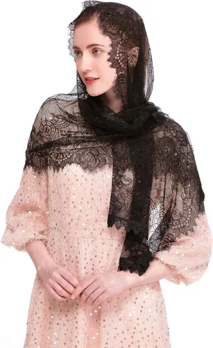 Vista 5 de PAMOR Capilla Velo Español Encaje Floral Mantilla Velos Envoltura Chal Masa Cabeza Cubierta Forma Rectangular