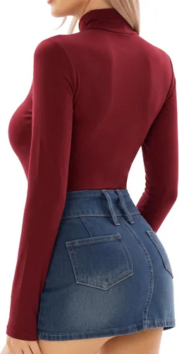 Vista 3 de Body MANGOPOP para mujer, con cuello alto falso de estilo tortuga, con manga larga 02 Manga Larga Borgoña (Forro Polar)