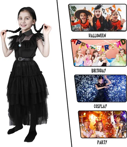 Vista 7 de Digi Halloween Wednesday Addams Costume Girls Dress,Halloween Birthday Cosplay Costumes for Kids 4-12 Years