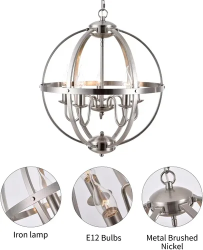 Vista 3 de Moderna lámpara de comedor con 5 luces de esfera de níquel cepillado para comedor y sala de estar, vestíbulo y cocina, pasillo y entrada..
