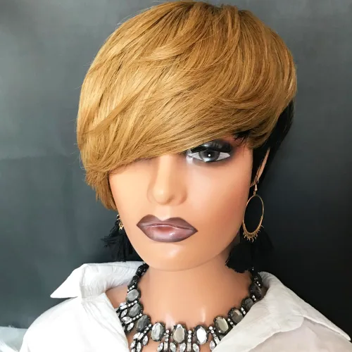 Vista 16 de Pelucas cortas de cabello humano estilo Pixie para mujeres negras, cabello brasileño virgen, corte natural marrón, sin pegamento, con flequillo