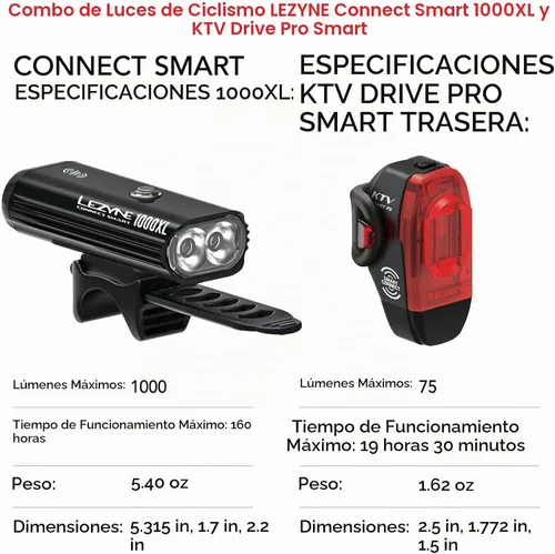 Vista 5 de LEZYNE Connect Smart 1000XL y KTV Drive Pro - Combo de luz de ciclismo inteligente Faro de aluminio CNC de 1000 lúmenes y kit de luz trasera gran