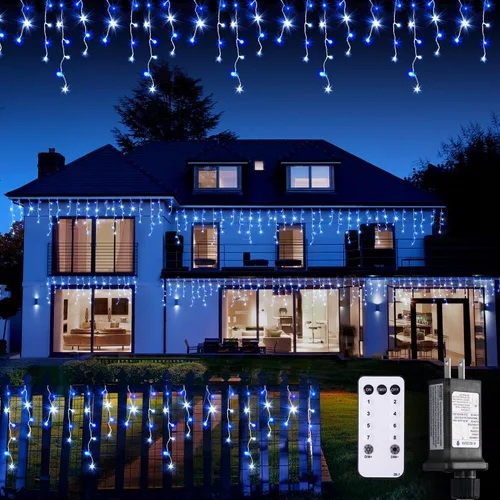 Vista 12 de JMEXSUSS 400 luces LED de Navidad de carámbano de 38.8 pies con control remoto, tira de luces multicolor para exteriores enchufables, 8 modos
