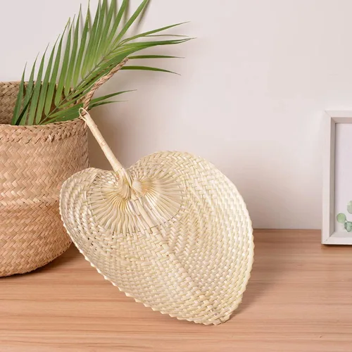 Vista 7 de Abanicos de mano de rafia de bambú natural, abanico de bambú de hoja de palmera, estilo chino, hecho a mano, diseño plegable tejido rústico
