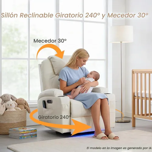 Vista 4 de AHMED Silla reclinable giratoria de doble motor, piel sintética, color Beige