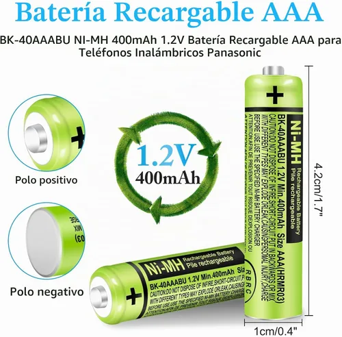Vista 7 de Paquete de 4 baterías AAA recargables NI-MH para teléfonos