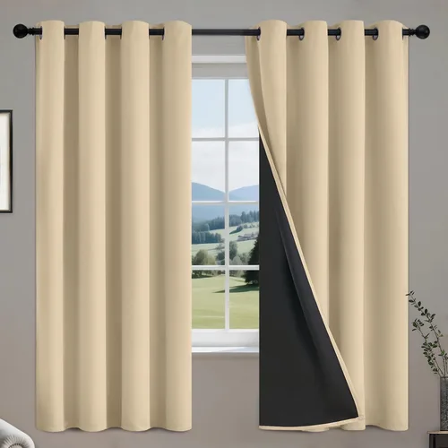 Vista 64 de COSVIYA Cortinas opacas 100% beige Biscotti para dormitorio, juego de 2 paneles de 63 pulgadas de largo, bloqueo de luz completa, aislamiento