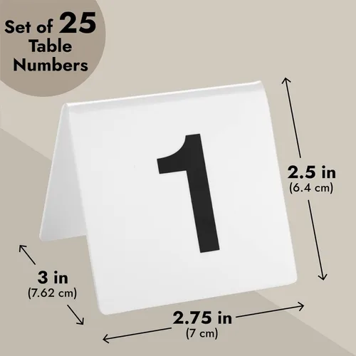 Vista 4 de Juvale Números de mesa de acrílico estilo tienda de campaña, blanco medio, 1-25 - Marcadores de mesa de plástico reutilizables - Tarjetas de números
