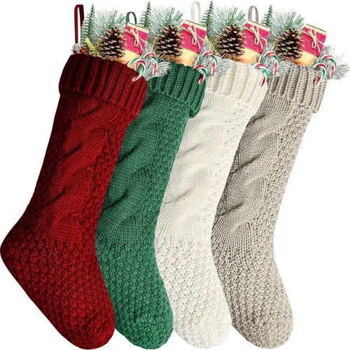 Vista 8 de Calcetines navideños de punto trenzado a granel, color azul, 18 pulgadas, para decoración navideña, paquete de 4