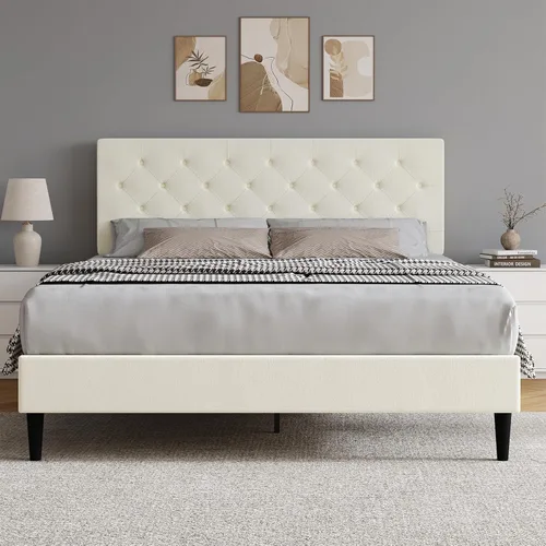 Vista 23 de HOMBCK Base de cama de tamaño individual con cabecera, base de cama tapizada con plataforma de lino para niños, base de cama de tamaño individual
