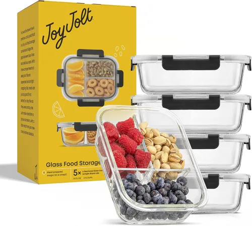 Vista 9 de JoyJolt Juego de caja Bento dividida de 3 compartimentos de vidrio para preparación de comidas, paquete de 5 recipientes herméticos