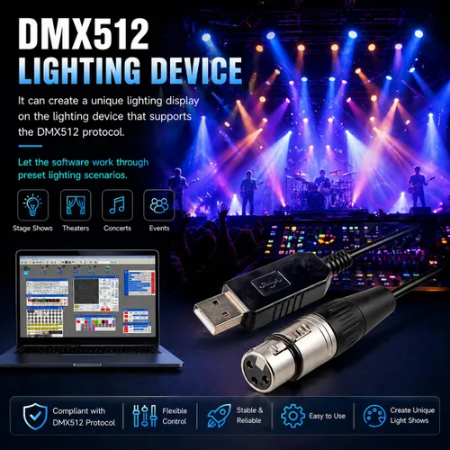 Vista 4 de Adaptador de interfaz USB a DMX LED DMX512 RS485 Convertidor Nivel de señal Computadora PC Etapa Controlador Cable (6 pies)