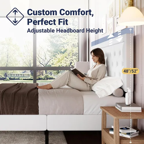 Vista 4 de Allewie - Base de cama tamaño King con tapizado de terciopelo, cabecera ajustable, diseño de botones de diamante, soporte de láminas de madera, tira