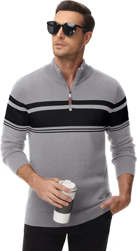 Vista 3 de MAGCOMSEN Suéteres de algodón con cremallera de 14 para hombre, suéter tipo polo, a rayas, para otoño e invierno, sudaderas cálidas