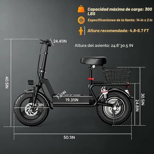Vista 6 de Electric Scooter with Seat- 1000W Peak Motor, 25 MPH Top Speed, 25-40 Miles Range, 14" Pneumatic Tires,Foldable E-Scooter with for Adults & Teens