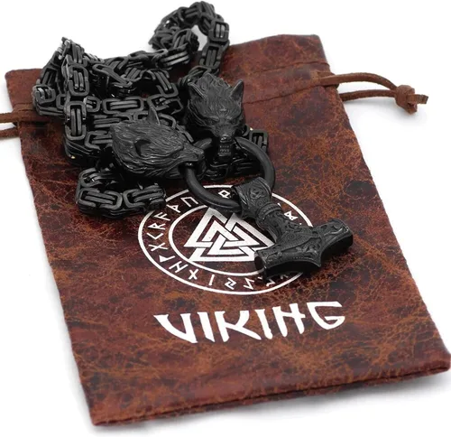 Vista 3 de Collar Viking Mjolnir para hombre, de acero inoxidable, color negro, cadena bizantina Geri Freki Wolf de 28 pulgadas, Acero inoxidable, No es una