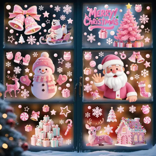 Vista 3 de 121 calcomanías de Navidad rosas para ventanas, Papá Noel, árbol de Navidad, copo de nieve, muñeco de nieve, ciervo, calcomanías de doble cara