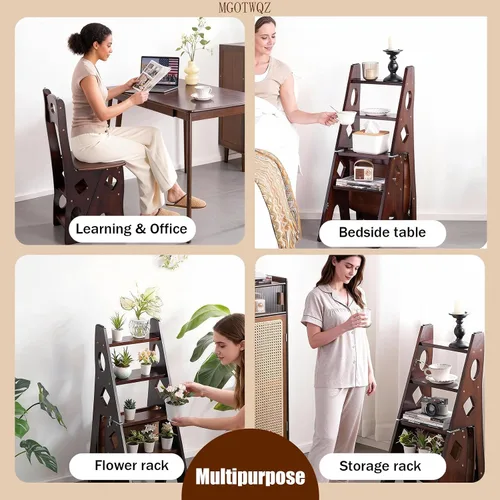 Vista 4 de Silla de escalera de biblioteca de madera, silla plegable de 4 escalones, ideal para el hogar, biblioteca y cocina, funciona como soporte de flores