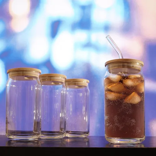 Vista 3 de Vasos para beber con tapas de bambú, popotes reutilizables, cepillo de limpieza, para café caliente y helado, té, vino, cóctel, cerveza