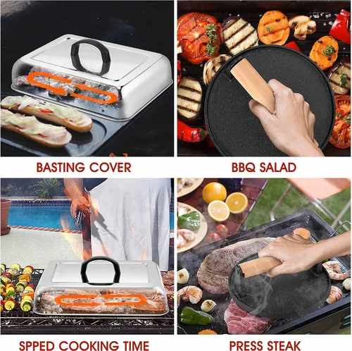 Vista 5 de HaSteeL Cúpula de fusión de 13 x 9.75 pulgadas y prensa de hamburguesa de 7 pulgadas, cubierta de vapor rectangular con prensa de tocino, accesorios