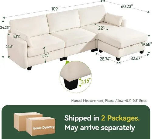 Vista 2 de Sofá modular de 109 pulgadas, sofá en forma de L con otomana de almacenamiento, cómodo sofá nube con asiento profundo, sofás seccionales Beige