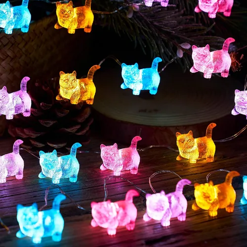 Vista 6 de Cadena de luces de gatos Kawaii Deco Kitty Fairy Luces decorativas de 10 pies 30LED, alimentadas por batería, iluminación novedosa para exteriores