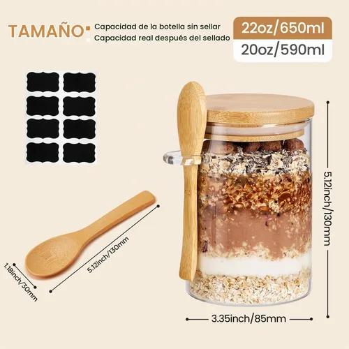 Vista 2 de Paquete de 4 recipientes de avena nocturna con tapas y cucharas de bambú - Tarros de vidrio herméticos de 22 onzas con tapa, tarros de preparación