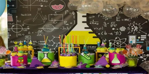 Vista 8 de AOFOTO Telones de fondo creativos de 6 x 4 pies para fotos, química, pizarra, tubos de ensayo, globos, pasteles, dulces, fotografía, fondo de niño