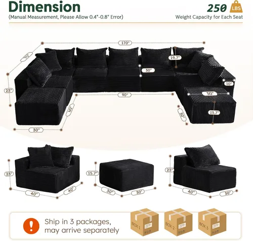 Vista 2 de MODNEST Sofá cama de 9 plazas, sofá modular sin hueso, sofá seccional de nube, sofás seccionales para sala de estar, sofás en forma de U con Negro
