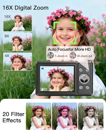 Vista 5 de Cámara digital, cámara FHD 1080P para apuntar y disparar con tarjeta SD de 32 GB, 2 baterías, zoom 16X, antivibraciones, diseño pequeño compacto