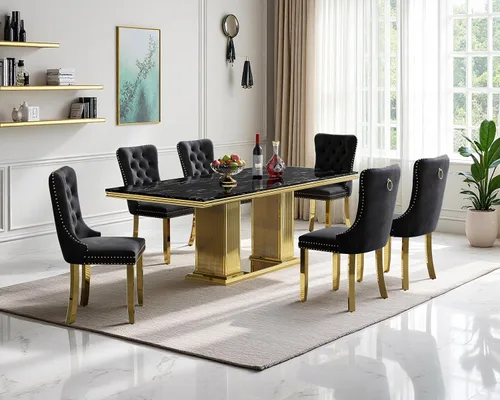 Vista 34 de Juego de mesa de comedor de mármol para 4, mesa de cocina rectangular de mármol negro de 68 pulgadas con base en H de acero inoxidable dorado, juego