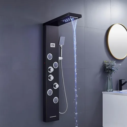 Vista 4 de Sistema de torre de paneles de ducha LED, sistema de panel de ducha de baño de acero inoxidable SUS304 con 4 chorros de cuerpo, lluvia, cascada
