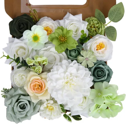 Vista 19 de Caja de flores artificiales azul marino, rosas de dalias de seda con tallos para manualidades, ramos de boda, centros de mesa, arreglos, decoración