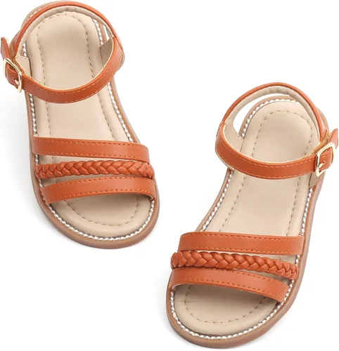 Vista 28 de Sandalias de verano para niñas con puntera abierta, sandalias planas de princesa con suela cómoda D742 Oro