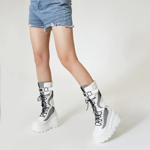 Vista 5 de Tscoyuki Botas góticas de plataforma para mujer, tacón de cuña grueso, botas de combate con cordones y cremallera, punta redonda, botas de media