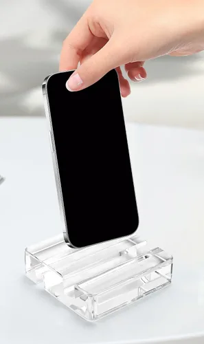 Vista 6 de Teléfono celular cuadrado de acrílico portátil, soporte para tableta de escritorio transparente universal, creativo, accesorio para viajes