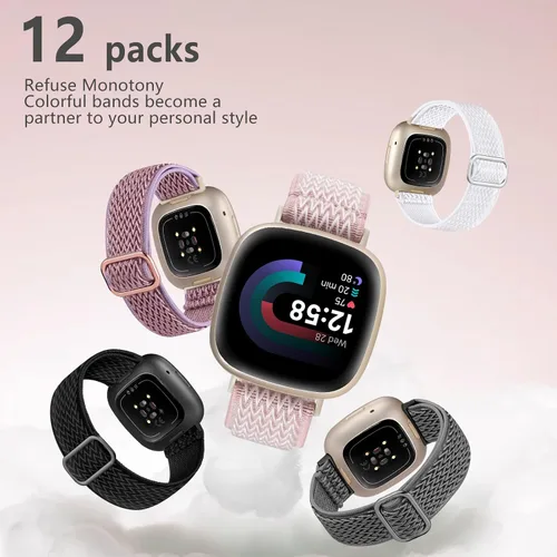 Vista 5 de Paquete de 12 bandas elásticas de nylon compatibles con Fitbit Versa 3/Fitbit Versa 4/Fitbit Sense/Sense 2 para mujeres y hombres, correa deportiva