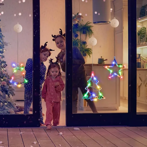 Vista 8 de LYUBASA Paquete de 3 luces de Navidad para ventana con temporizador, alimentadas por baterías, lechón LED multicolor para árbol de Navidad