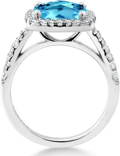 Vista 4 de Gem Stone King Anillo de compromiso de plata de ley 925 con topacio azul suizo y zafiro blanco creado para mujer