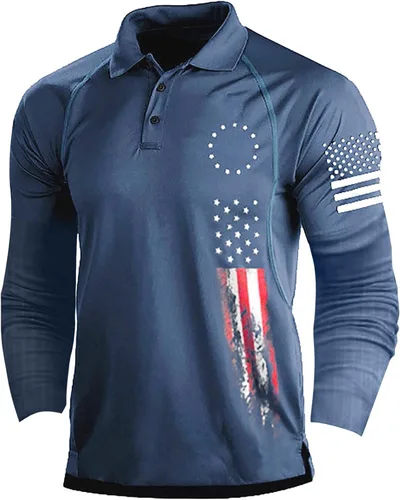 Vista 20 de Camisa polo de manga larga con bandera estadounidense para hombre, cuello gráfico patriótico, camiseta de golf, moderna, casual, cuello en V, tops