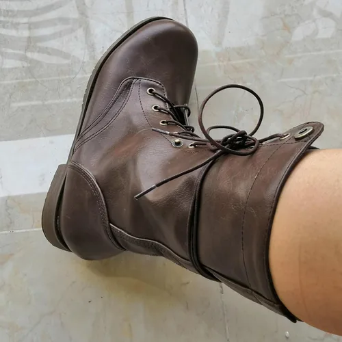 Vista 6 de Botas de combate romanas de cuero para mujer, con cordones, de media pantorrilla, para invierno, al aire libre, casual, para caminar, a la moda