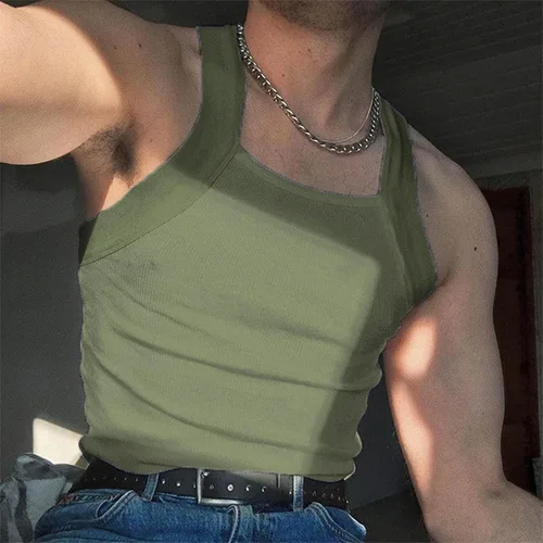 Vista 2 de Generic Camiseta sin mangas acanalada para hombre, corte cuadrado, camiseta sin mangas ajustada, ropa interior de verano, a la moda