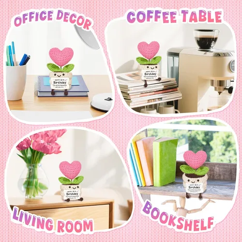 Vista 7 de Regalos de cumpleaños número 16 para niñas, flor de corazón rosa de ganchillo hecha a mano, regalos de dulces 16 para niñas, decoraciones