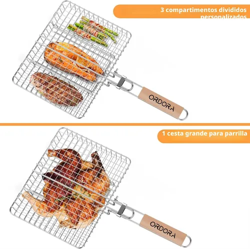 Vista 2 de ORDORA Cesta para parrilla, cesta para parrilla de pescado, cesta de barbacoa de acero inoxidable resistente al óxido para carne, bistec, etc.