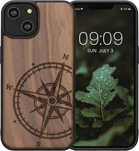 Vista 8 de kwmobile Funda de madera compatible con Apple iPhone 14, brújula de navegación, color marrón oscuro