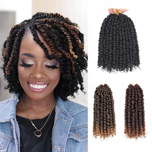 Vista 14 de Leeven Cabello rubio degradado de 14 pulgadas, pretrenzado y trenzado de pasión, 8 paquetes de extensiones de cabello sintético bohemio para mujeres
