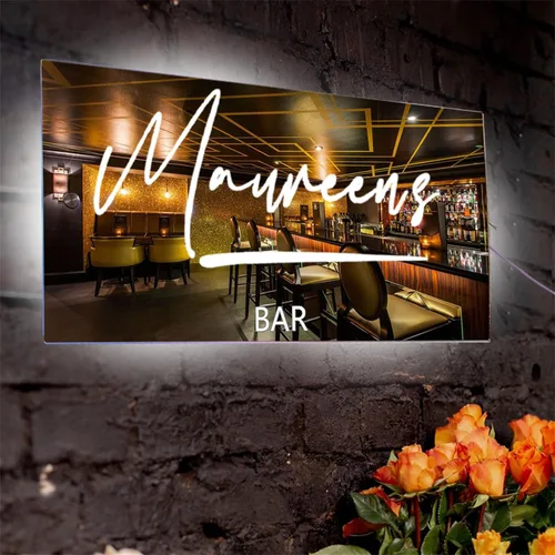 Vista 2 de Espejo de barra de nombre LED personalizado, letreros de neón iluminados para decoración de pared para bar en casa, día de San Valentín y regalos